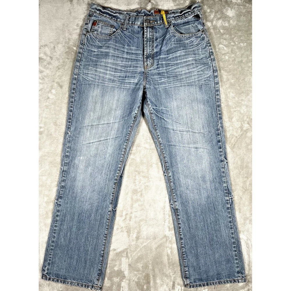 Chams Jeans Vintage mens whiskers Washed Straight Leg Jeans 35x32 flap READ